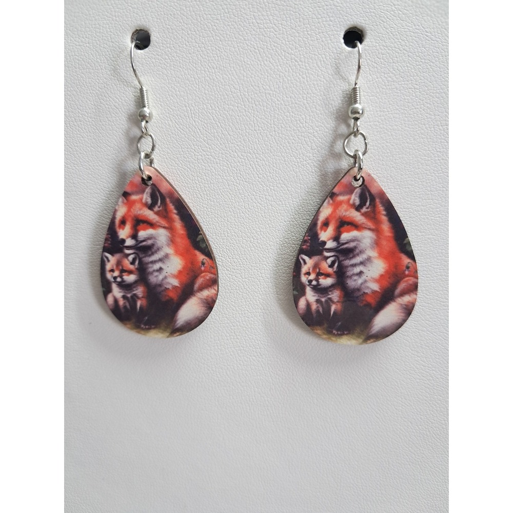 Red Fox Mother and Baby Kit Teardrop Dangle Earrings Silver Tone Woodland Animal